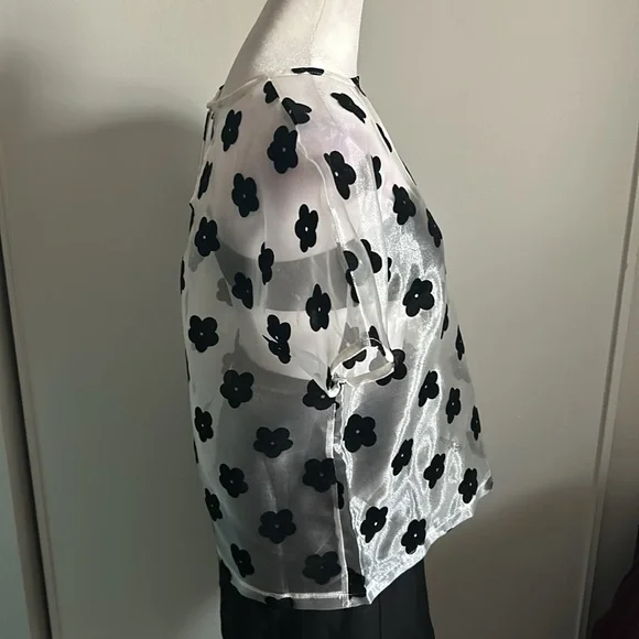 Nasty Gal Women’s Boxy Shimmering Sheer Felt Floral Appliqué Festival Summer Top - Picture 5 of 9